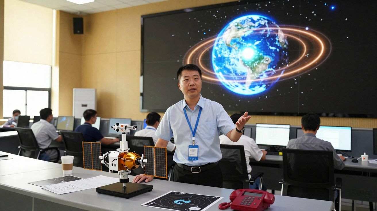Homem a fazer apresentação sobre satélite espacial numa sala de controlo com ecrã do planeta Terra ao fundo.
