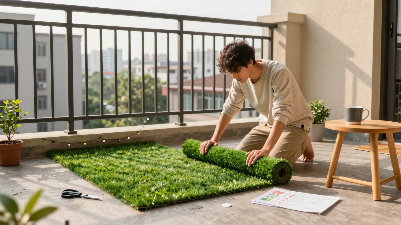 Pessoa a desenrolar relva artificial numa varanda ensolada com plantas e uma mesa pequena de madeira.