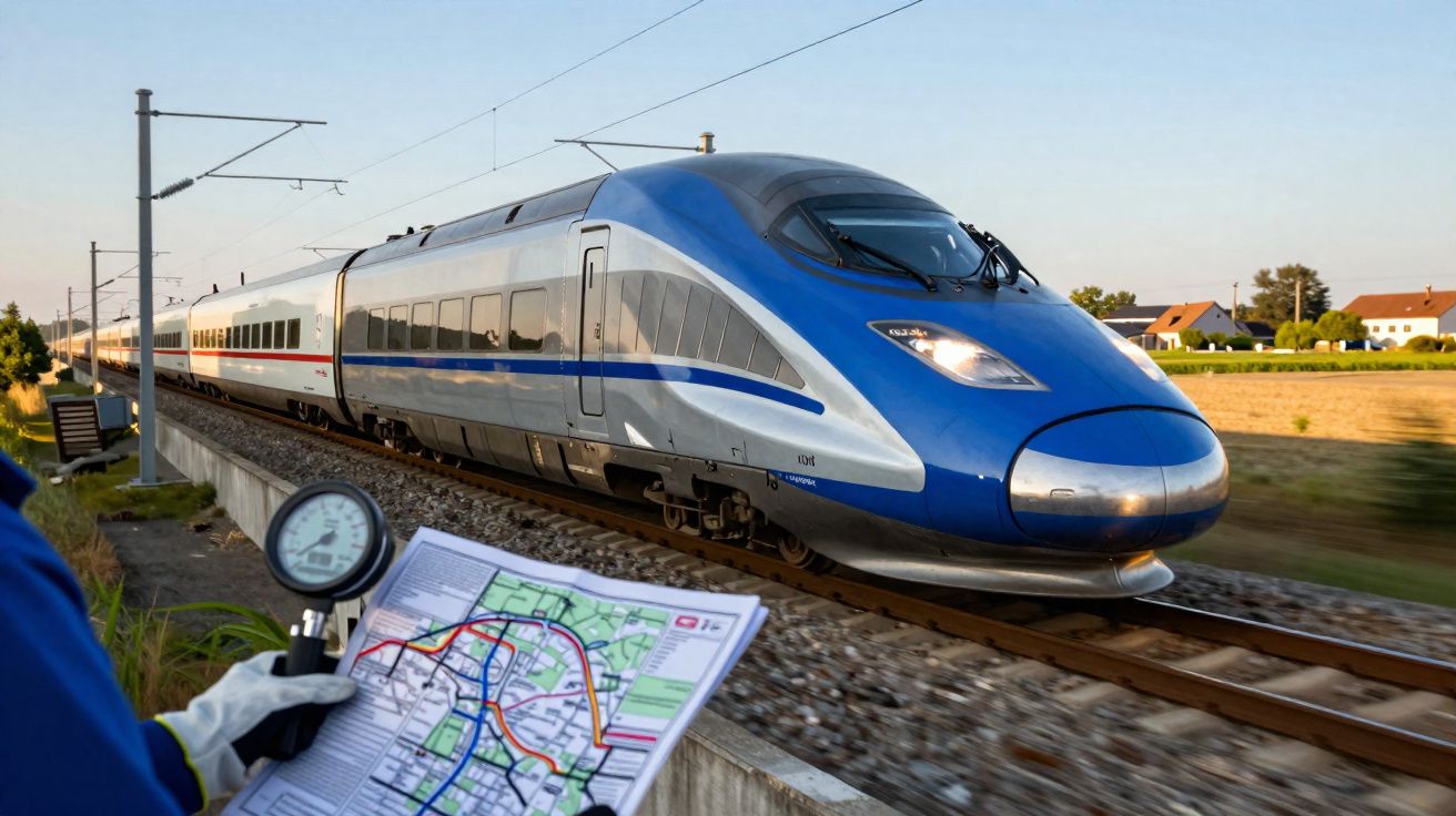 Comboio de alta velocidade azul a passar em linha ferroviária com pessoa a segurar mapa e manómetro na frente.