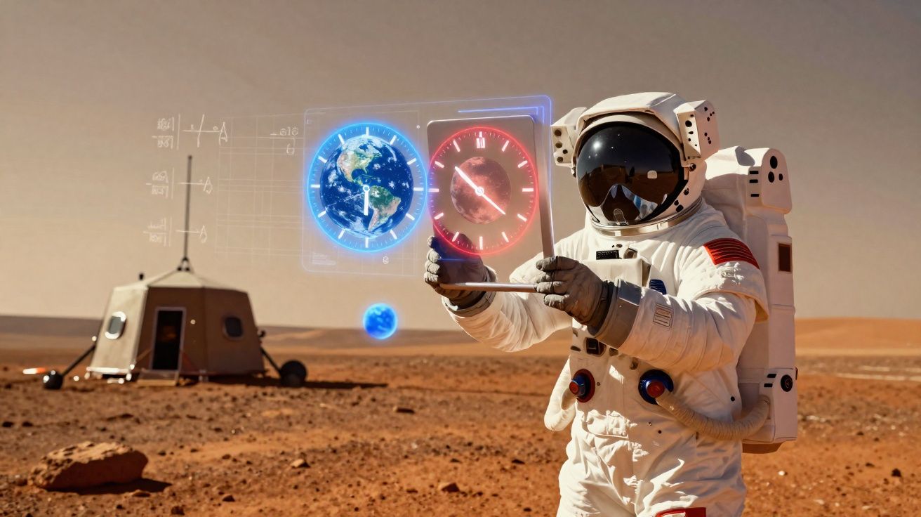 Astronauta em planeta vermelho segurando hologramas da Terra e um relógio futurista.