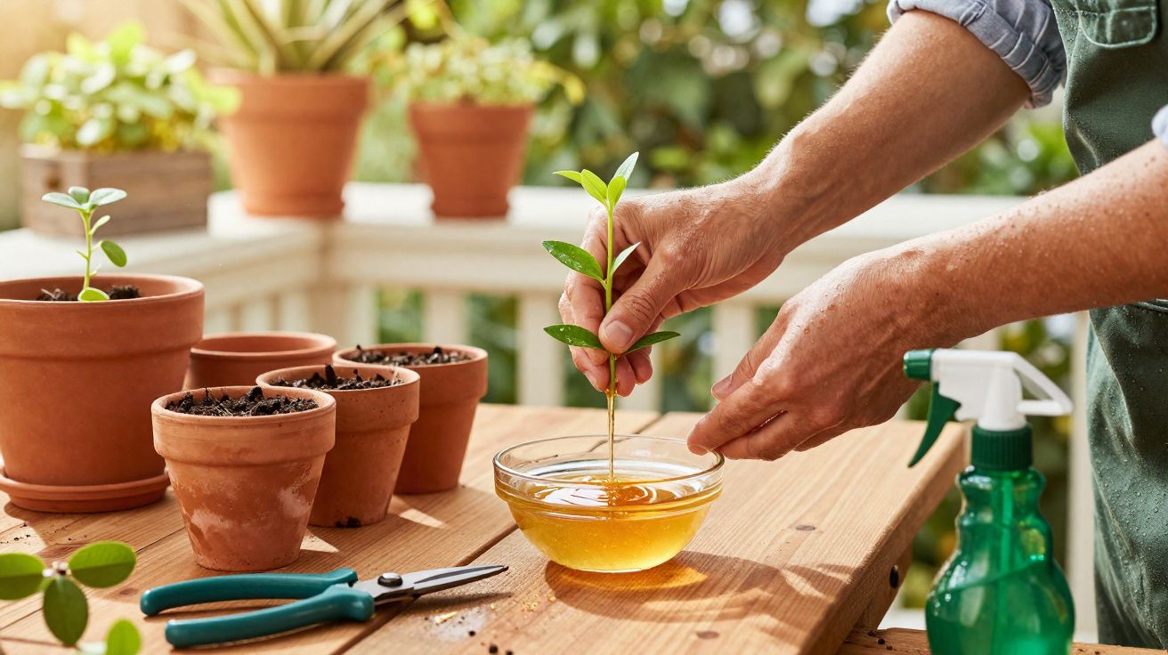 Pessoa a tratar muda de planta com mel numa varanda com vasos em barro e ferramentas de jardinagem.