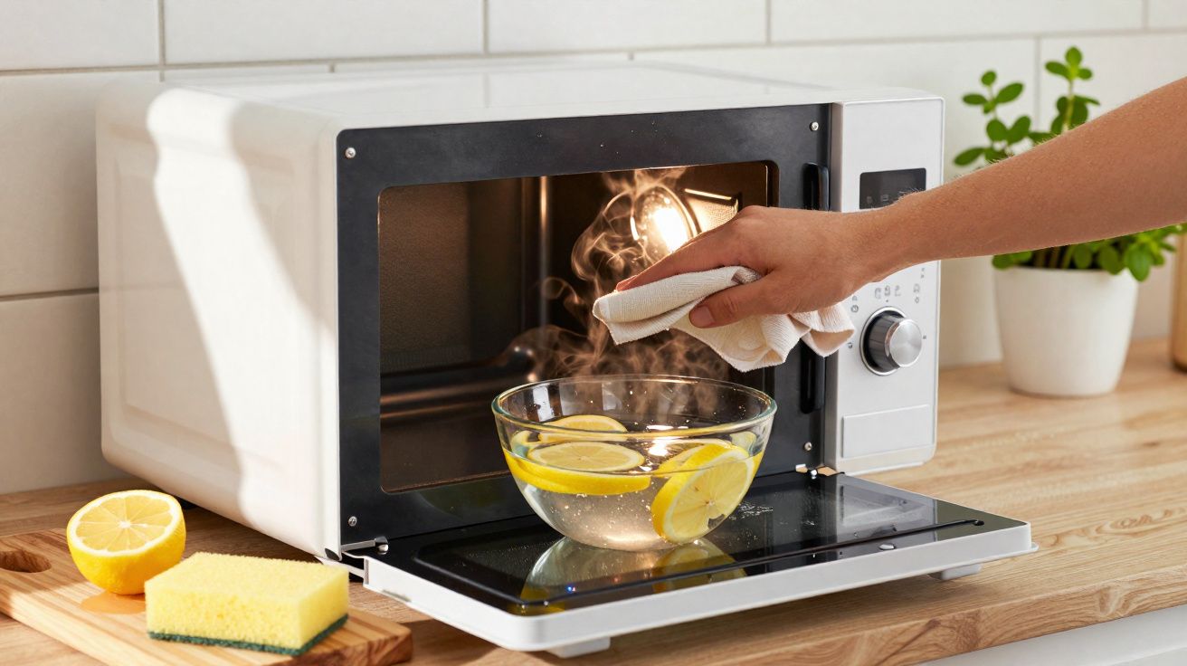 Mão retira tigela com água e limões a ferver no micro-ondas branco numa cozinha moderna.