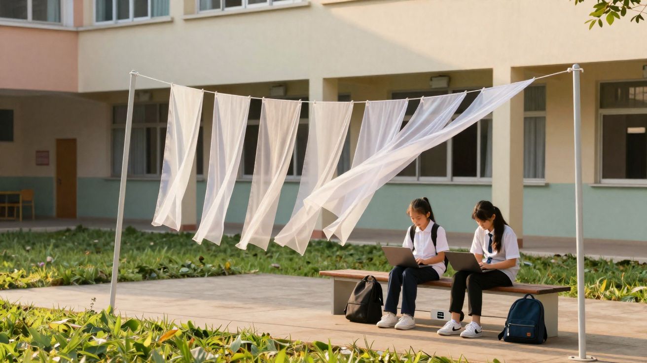 Duas estudantes sentadas num banco no exterior com lençóis brancos pendurados a secar ao vento.
