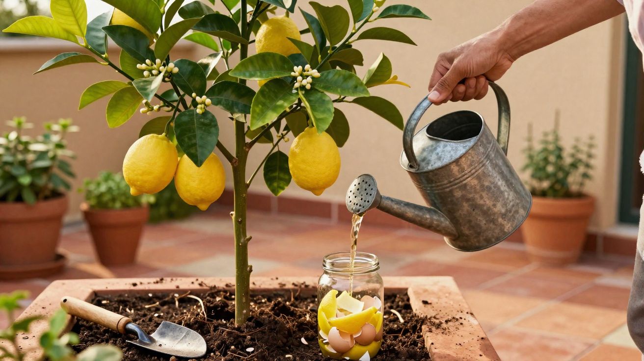 Mão a regar planta de limão com regador metálico perto de terra, pá e frascos com cascas e casca de ovo.