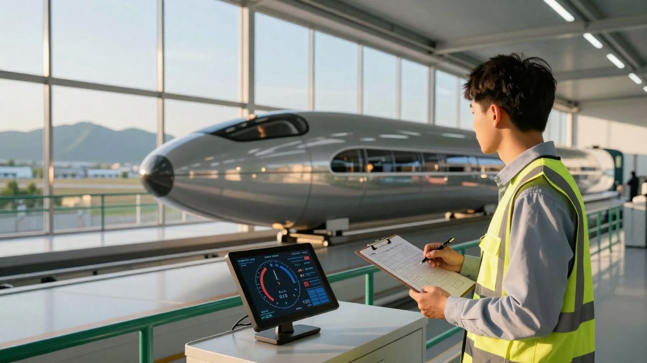 Engenheiro em colete refletor observa e faz anotações junto a monitor e protótipo de comboio de alta velocidade.