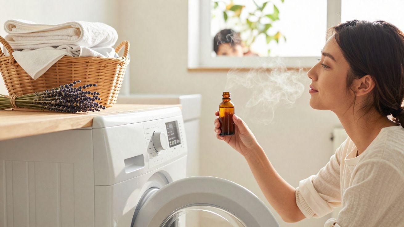 Mulher a usar óleo essencial perto de máquina de lavar roupa com cesta de toalhas e lavanda no topo.