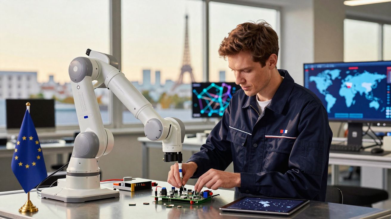 Engenheiro a trabalhar numa placa eletrónica ao lado de um braço robótico num laboratório com vista para a Torre Eiffel.