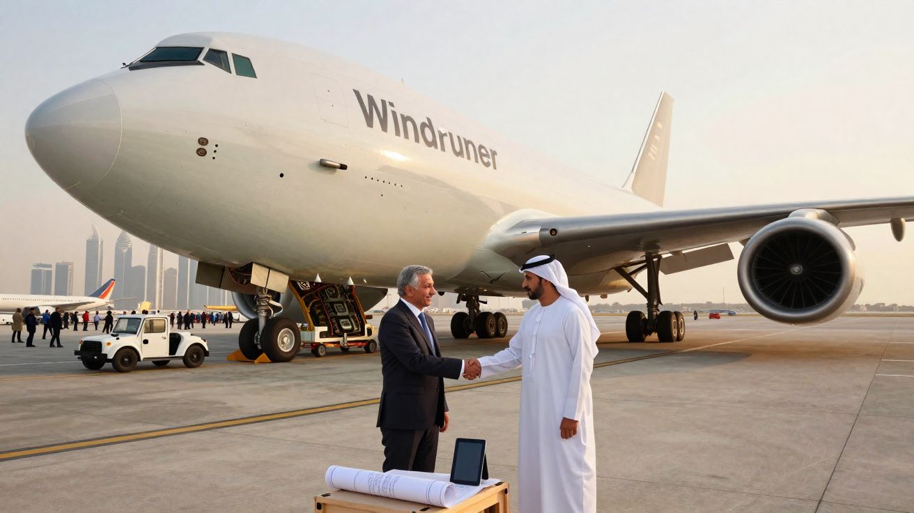 Dois homens apertam as mãos junto a um avião grande branco com a inscrição Windruner num aeroporto.