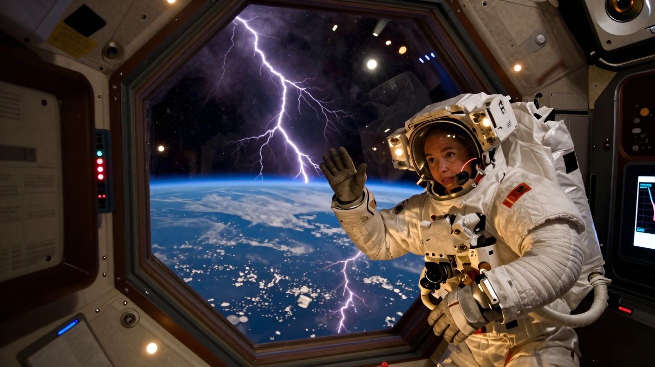 Astronauta dentro de estação espacial com vista para o planeta Terra e relâmpagos no espaço.
