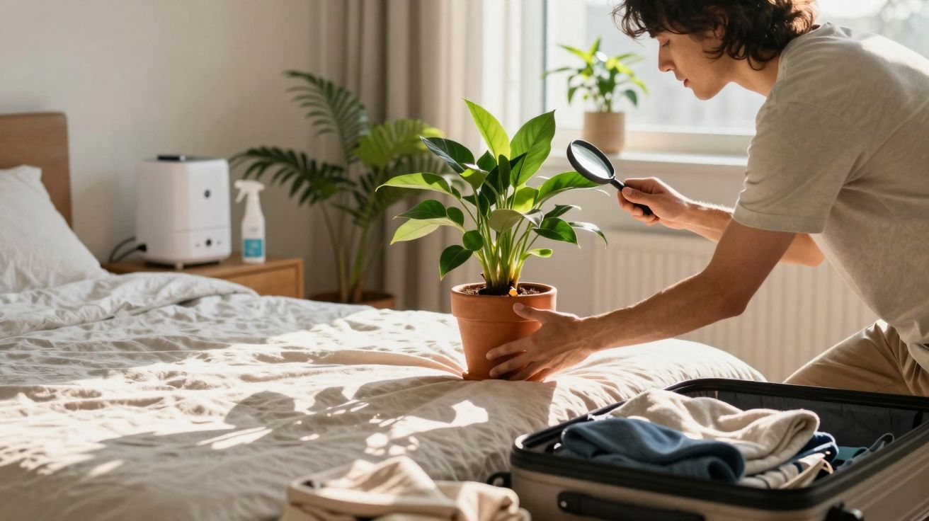 Pessoa inspeciona planta em vaso com lupa numa cama, ao lado de uma mala aberta com roupas.