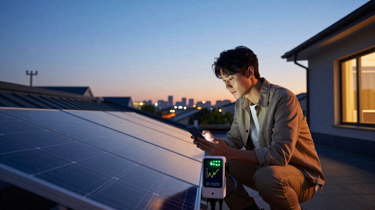Homem verifica painel solar com dispositivo eletrónico ao pôr do sol numa casa moderna.