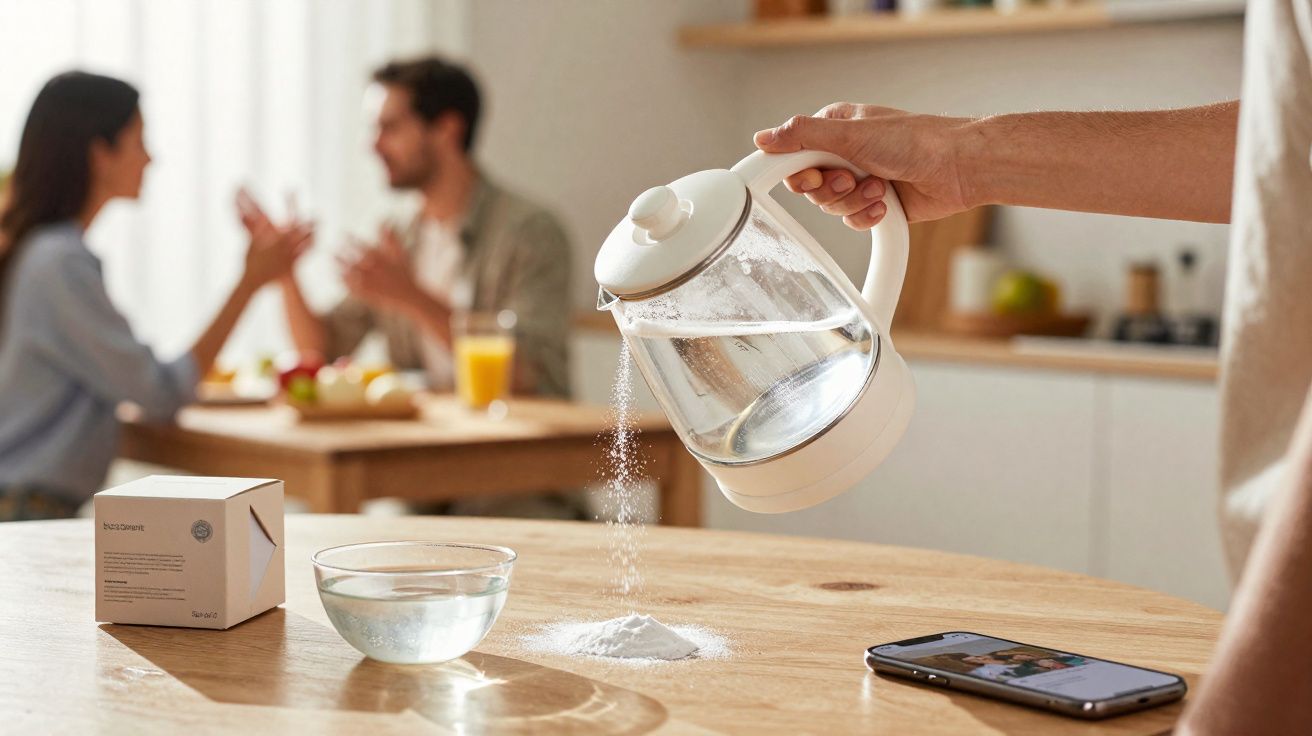 Pessoa a verter sal de cozinha de uma chaleira transparente sobre uma mesa de madeira na cozinha.