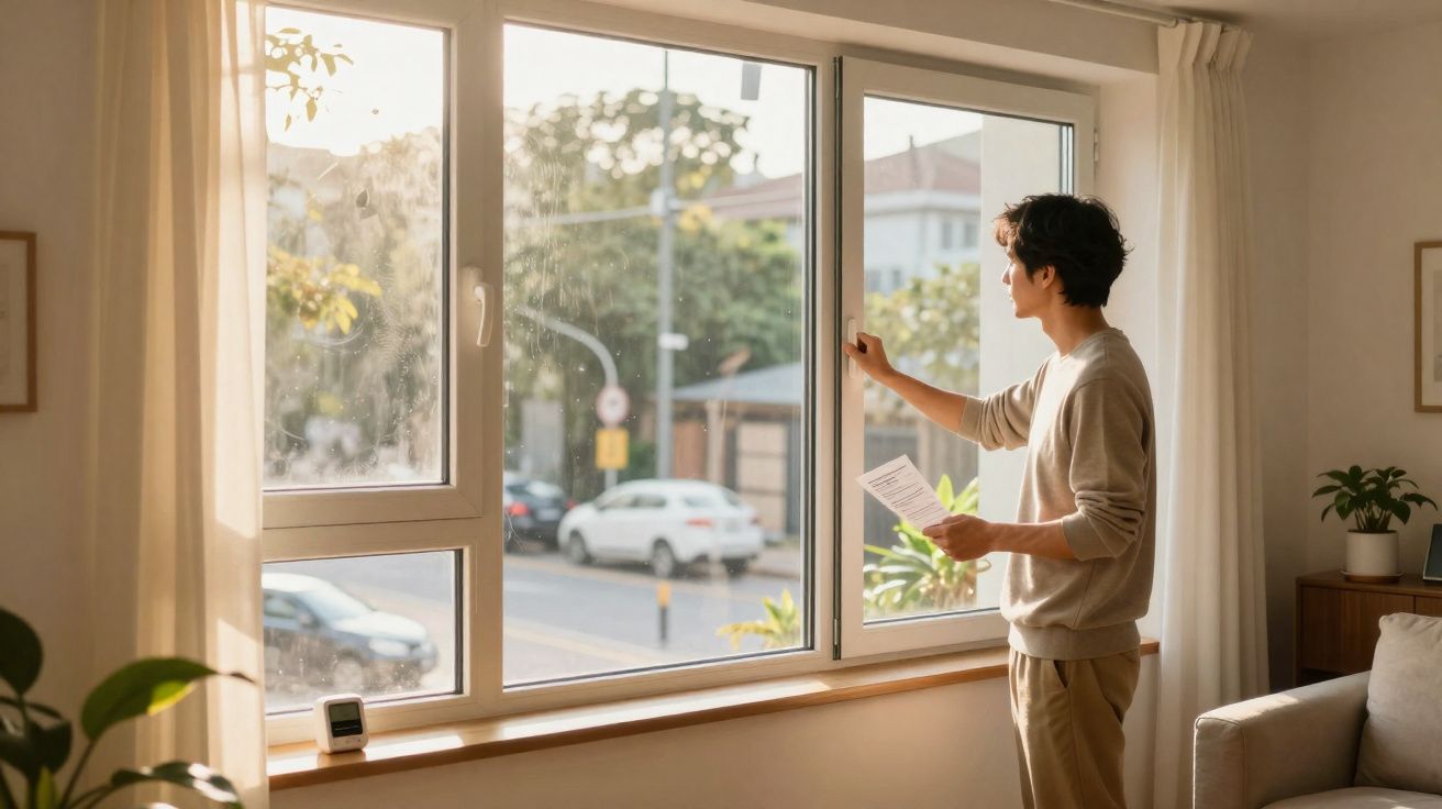 Homem abre janela de sala iluminada por luz natural segurando documento na mão.