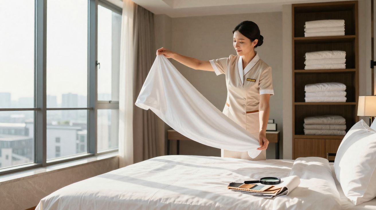 Funcionária de hotel a estender lençol branco numa cama num quarto iluminado com janela grande.