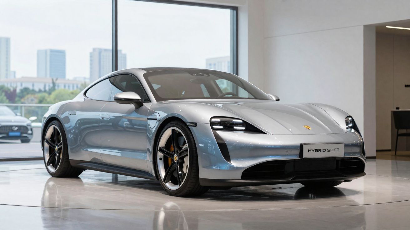 Carro desportivo cinza metalizado com design moderno estacionado numa sala com grandes janelas.