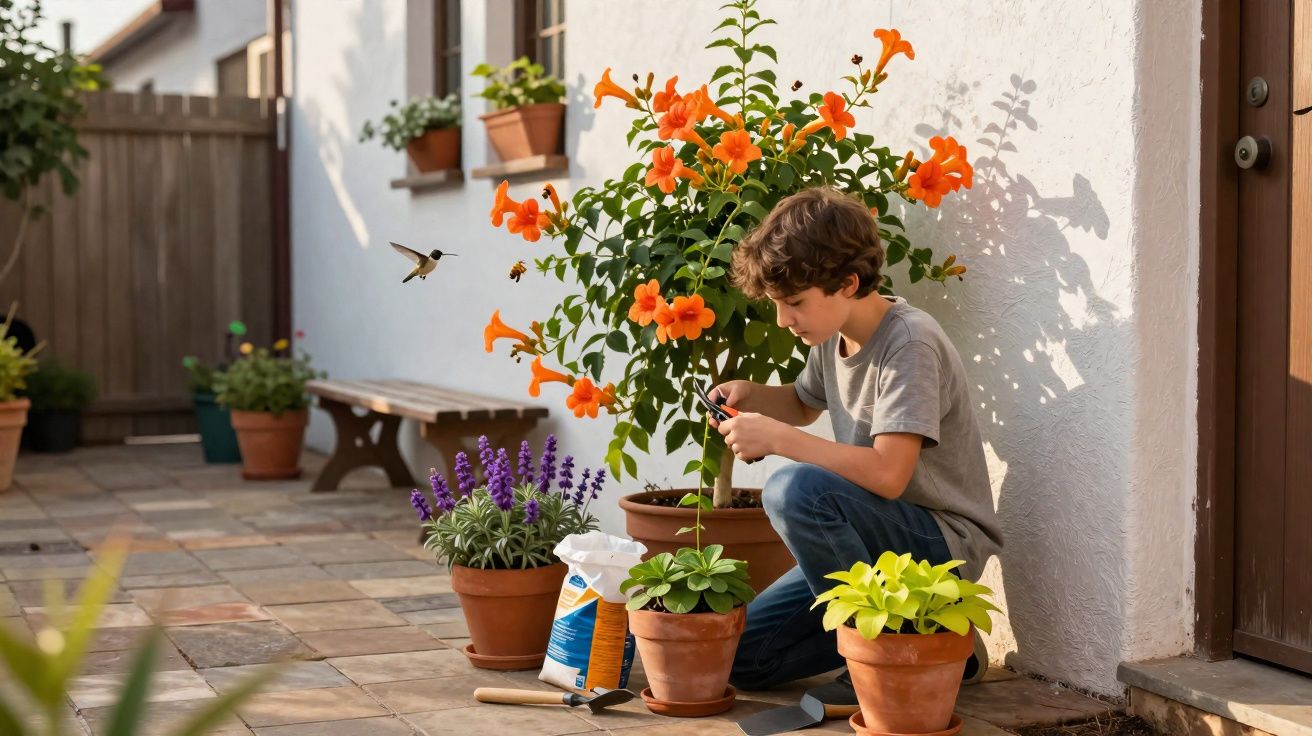 Rapaz a cuidar de plantas em vasos numa varanda com flores laranja e roxas ao redor.