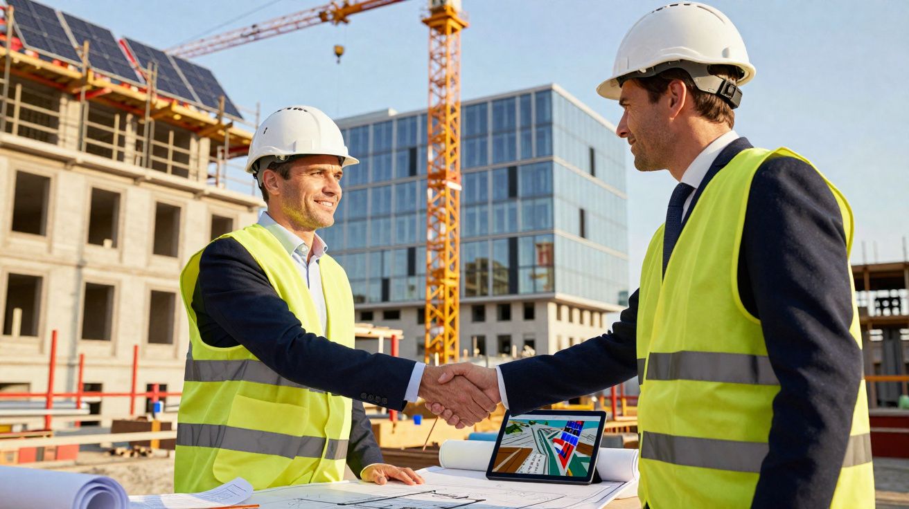 Dois engenheiros com capacetes e coletes refletivos a cumprimentar-se numa obra com plantas e maquete digital.