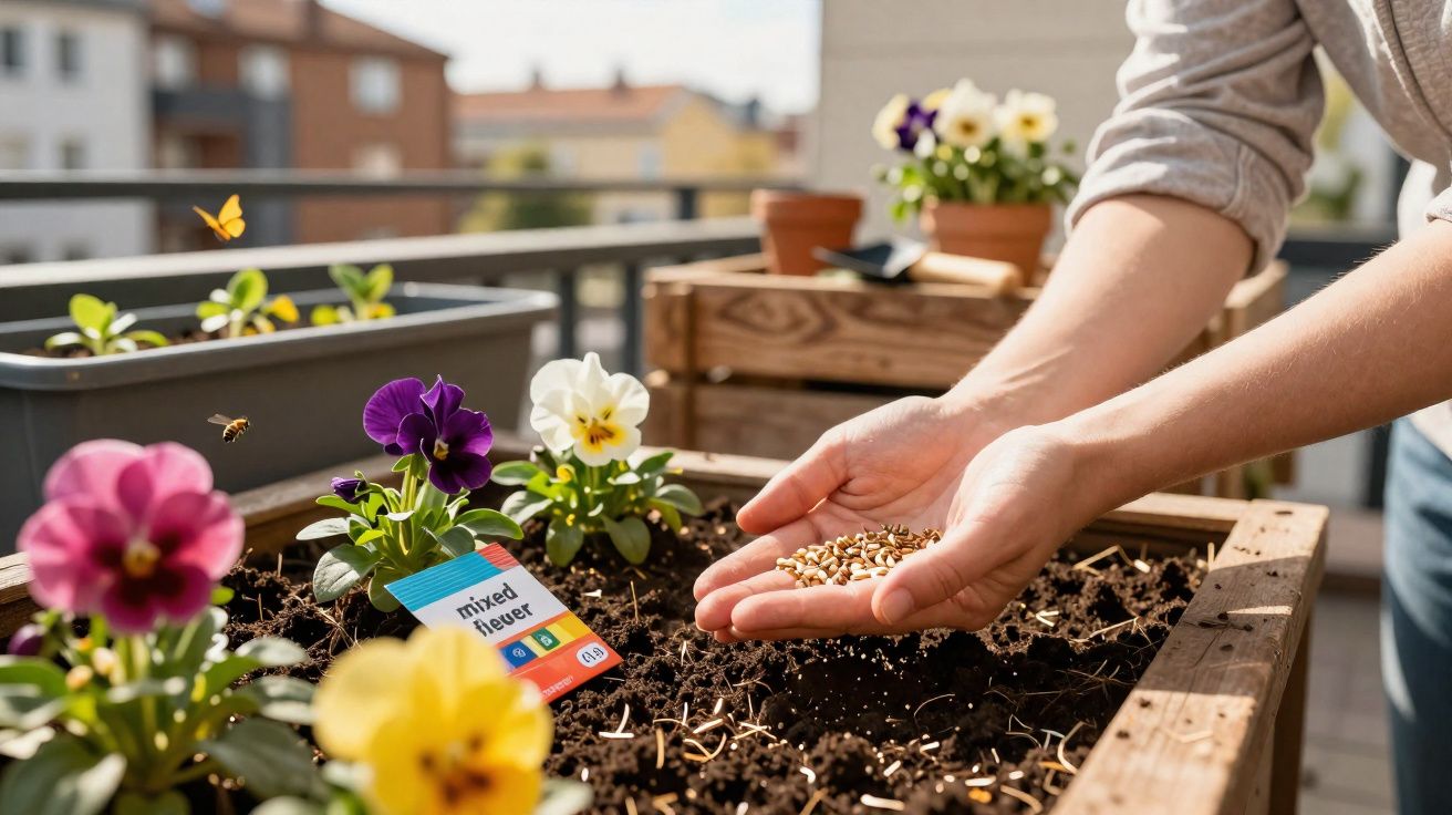 Pessoa a semear sementes numa caixa de madeira num jardim urbano com flores coloridas e abelha a voar.