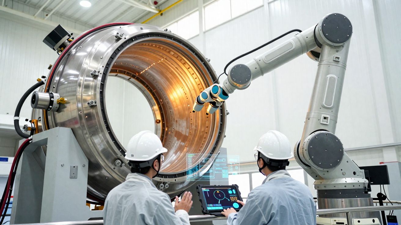 Dois técnicos com capacetes brancos operam robô industrial ao lado de equipamento metálico cilíndrico em laboratório.