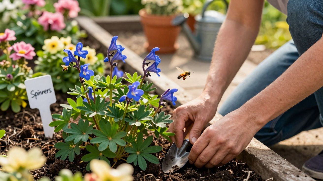 Pessoa a plantar flores azuis num canteiro, com abelha a voar próxima das mãos.