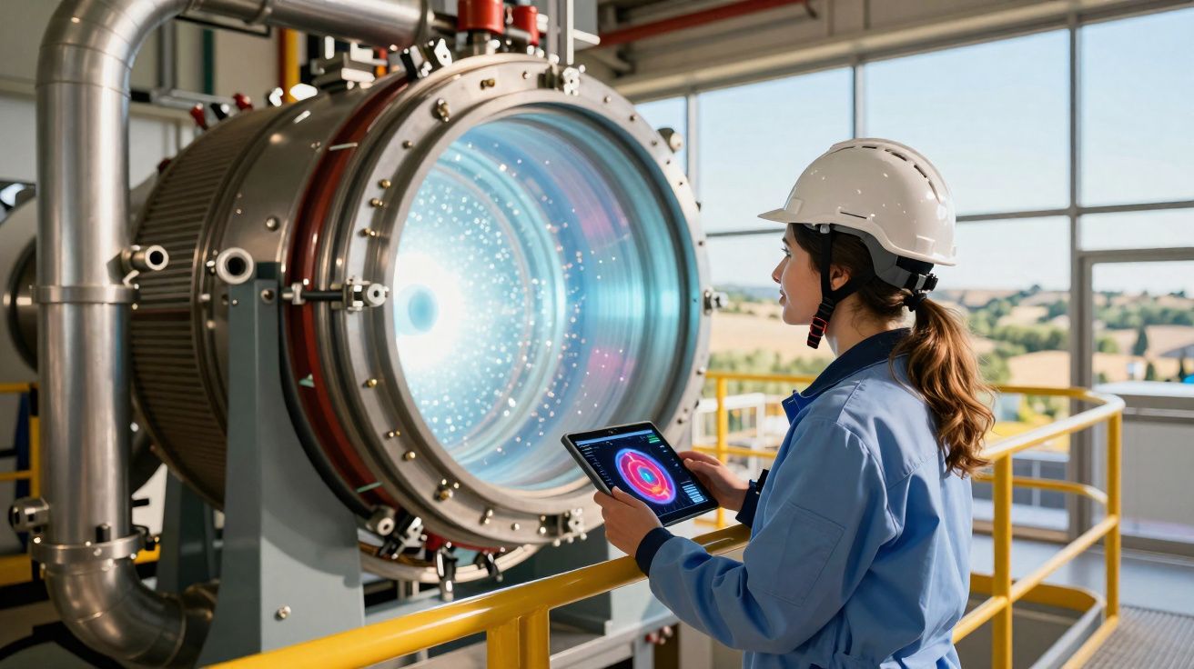 Engenheira com capacete a operar equipamento tecnológico avançado num laboratório industrial moderno.