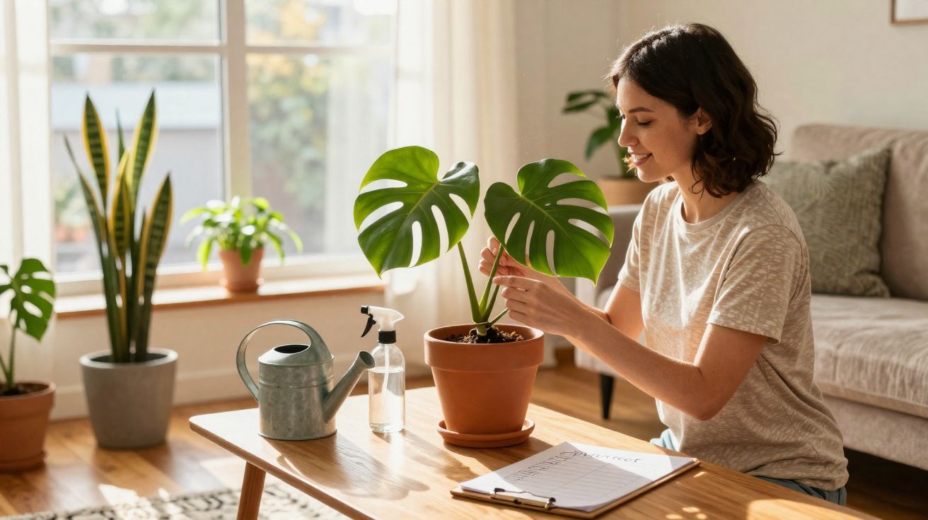 Mulher a cuidar de uma planta Monstera num ambiente doméstico iluminado e acolhedor.