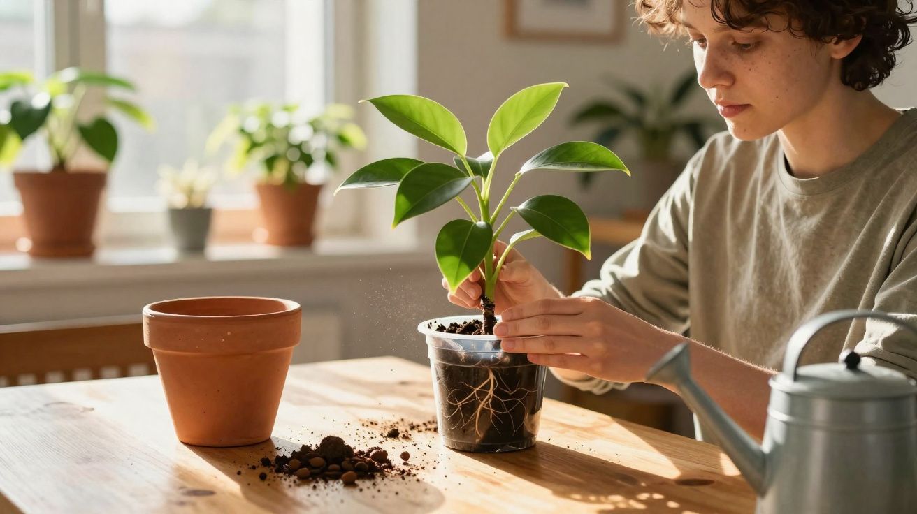 Pessoa transplantando planta jovem para vaso de barro numa mesa iluminada pela janela.
