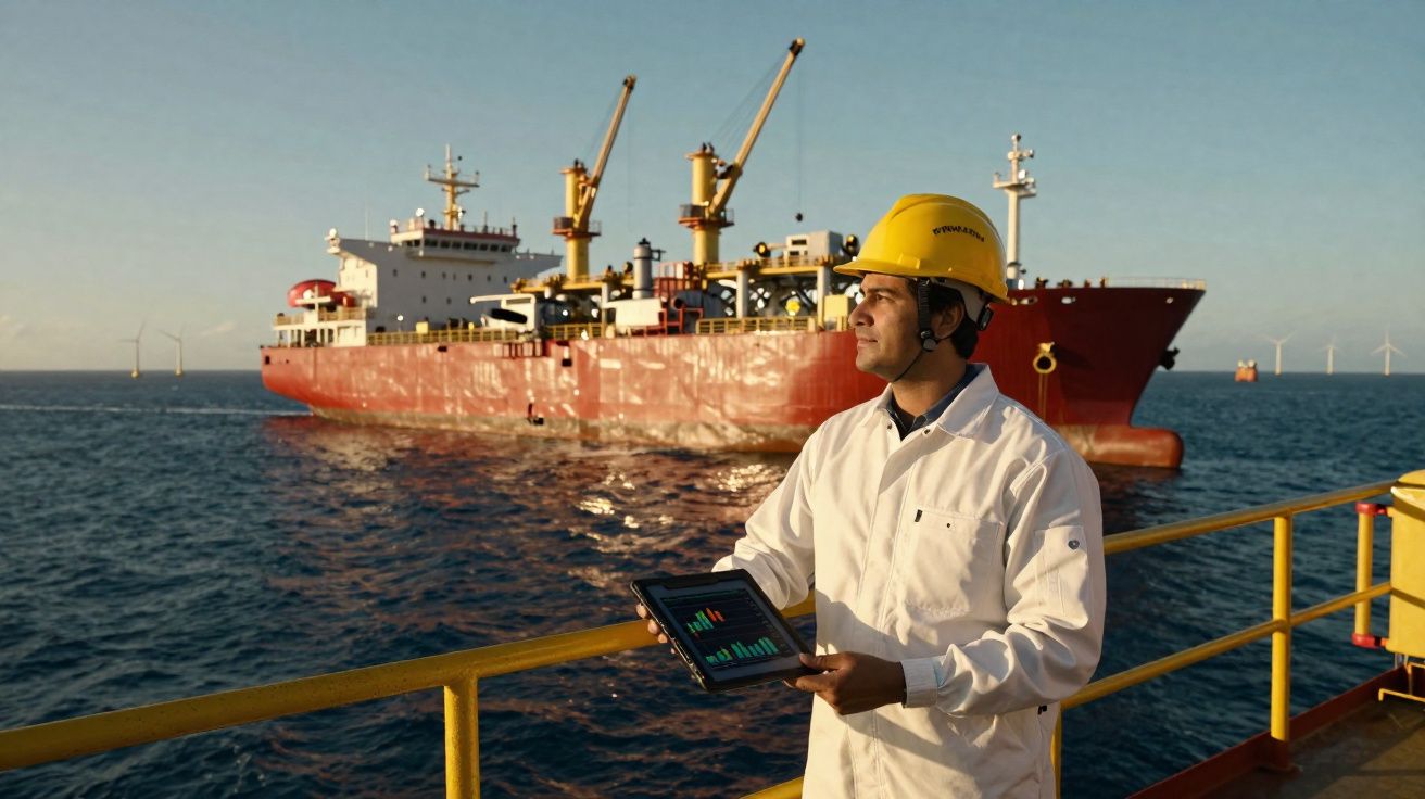 Homem com capacete amarelo e tablet em plataforma marítima, navio de carga vermelho ao fundo no mar.
