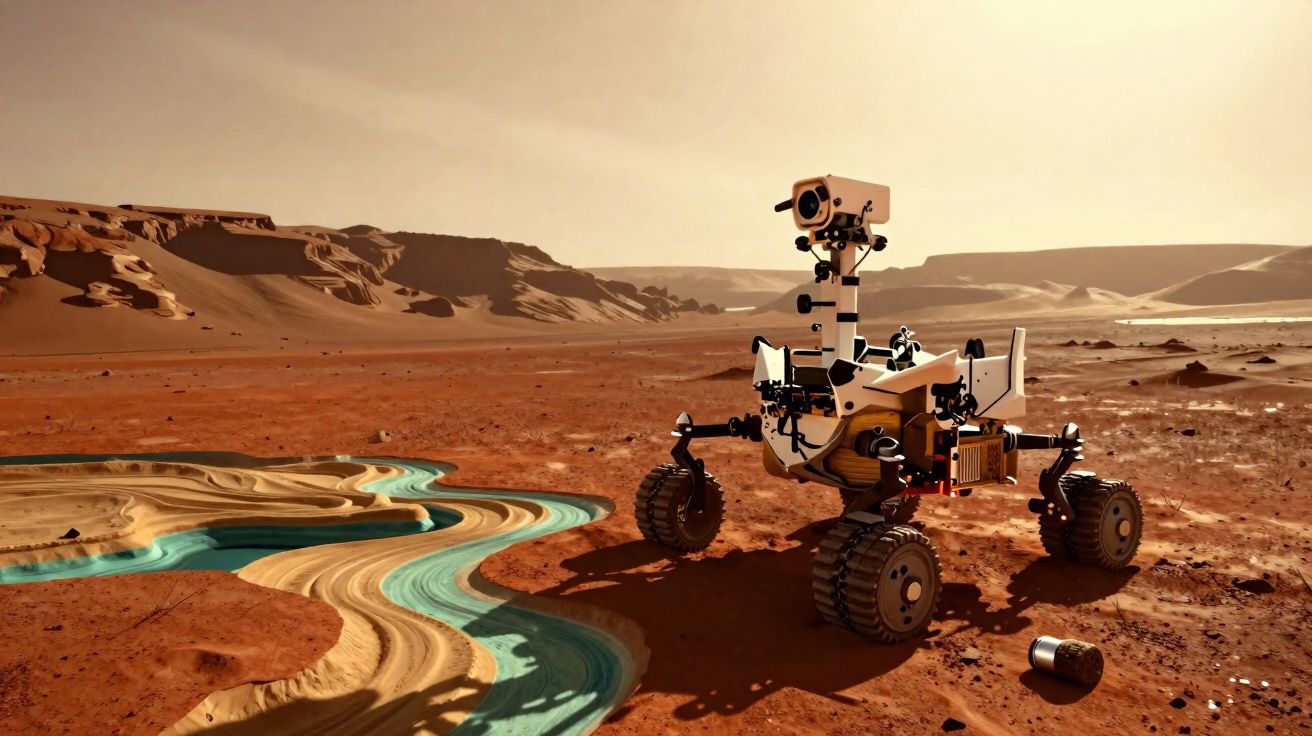 Rover em terreno marciano seco com formação sinuosa azul que parece um rio ou reflexo.
