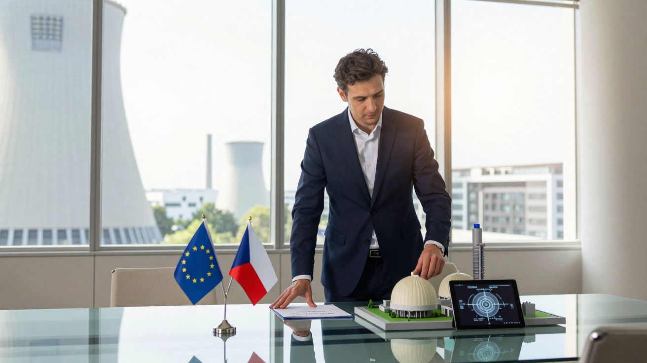 Homem de fato examina maquete de central nuclear numa sala com bandeiras da União Europeia e República Checa.
