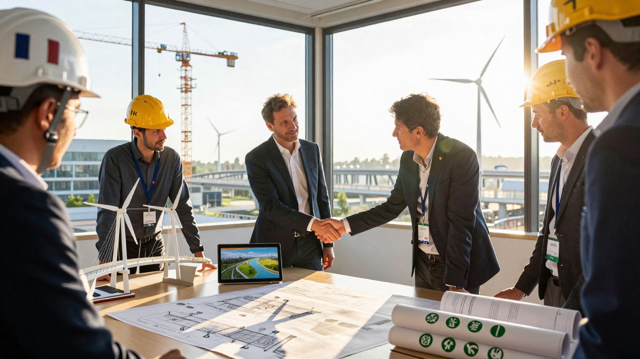 Engenheiros e empresários em reunião, com capacetes e modelos de turbinas eólicas numa sala com janela ampla.