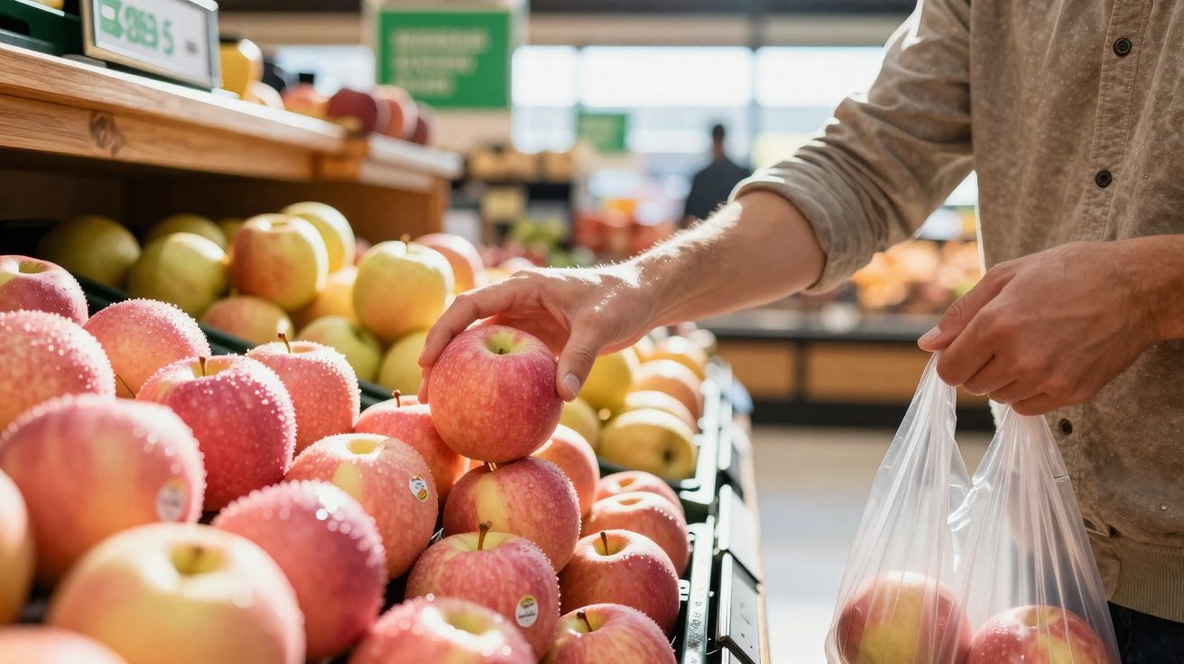 Pessoa a escolher maçãs vermelhas numa feira ou supermercado, segurando saco plástico com fruta.