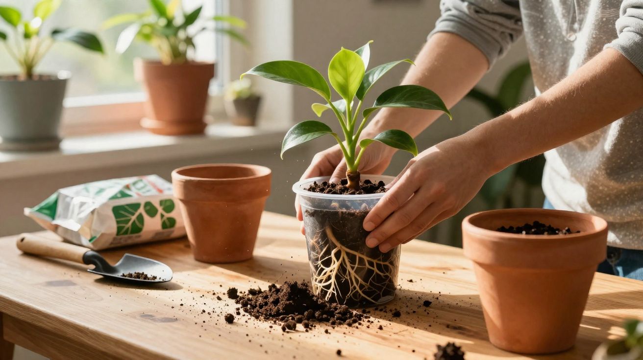 Pessoa transplanta planta jovem para vaso de barro numa mesa de madeira com terra espalhada.