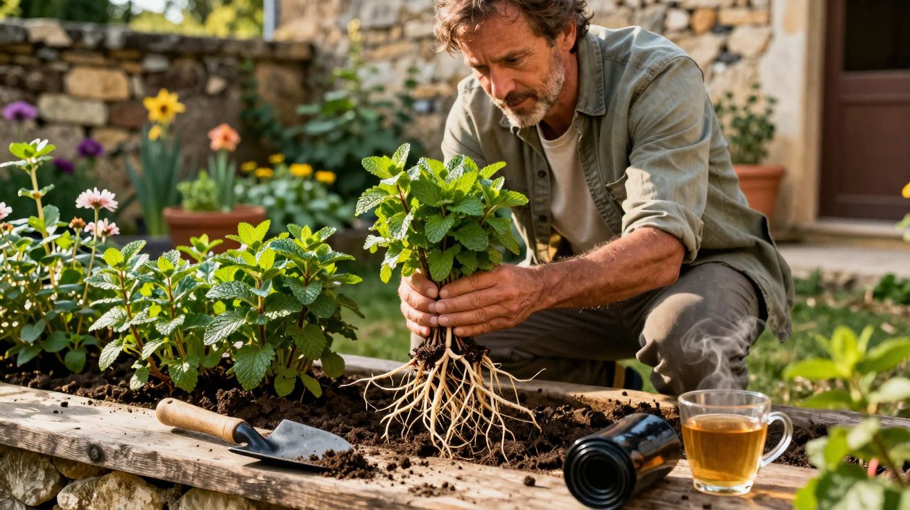 Homem a plantar muda de erva aromática num canteiro elevado num jardim com flores coloridas.
