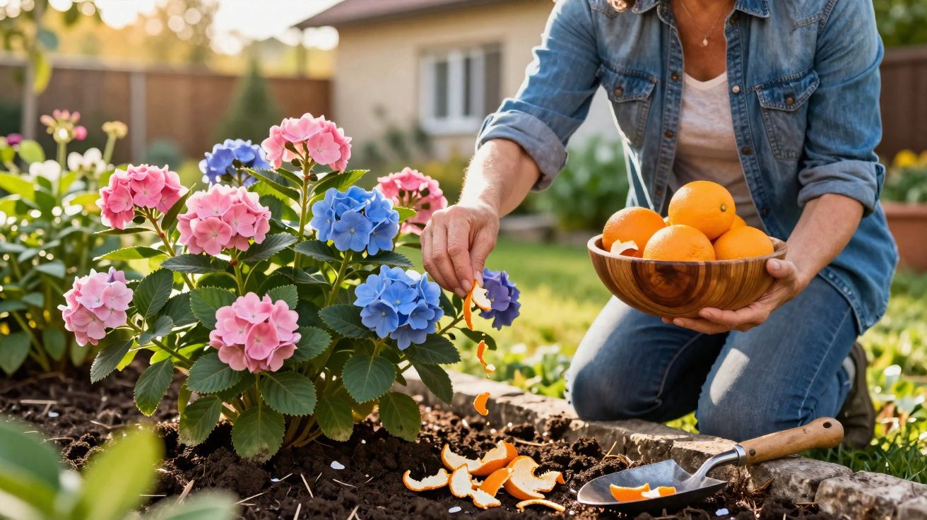 Pessoa a adubar flores azuis e cor-de-rosa num jardim, segurando uma taça com laranjas.