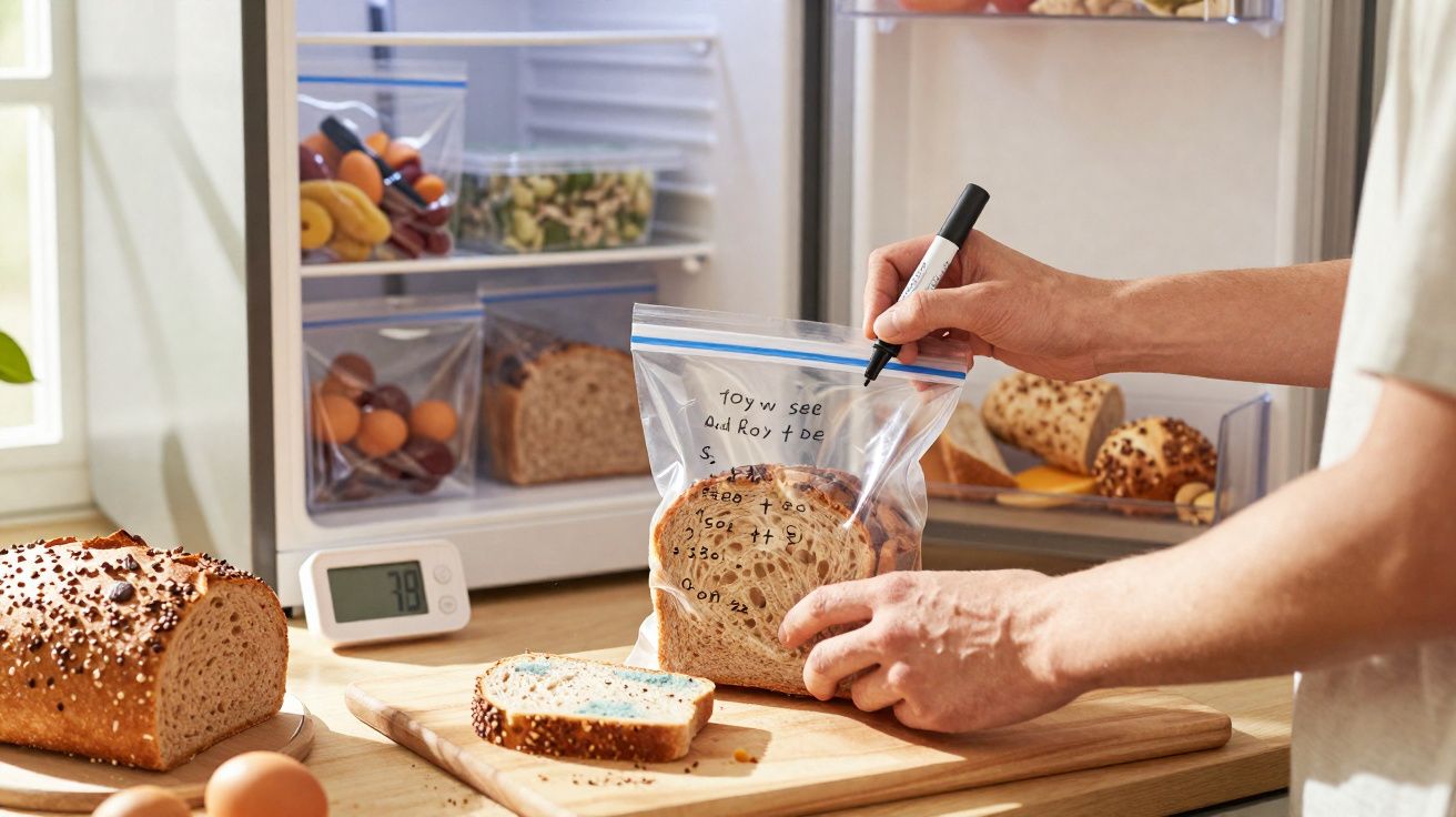 Pessoa a escrever numa sacola de plástico com fatias de pão à frente da porta aberta de um frigorífico.