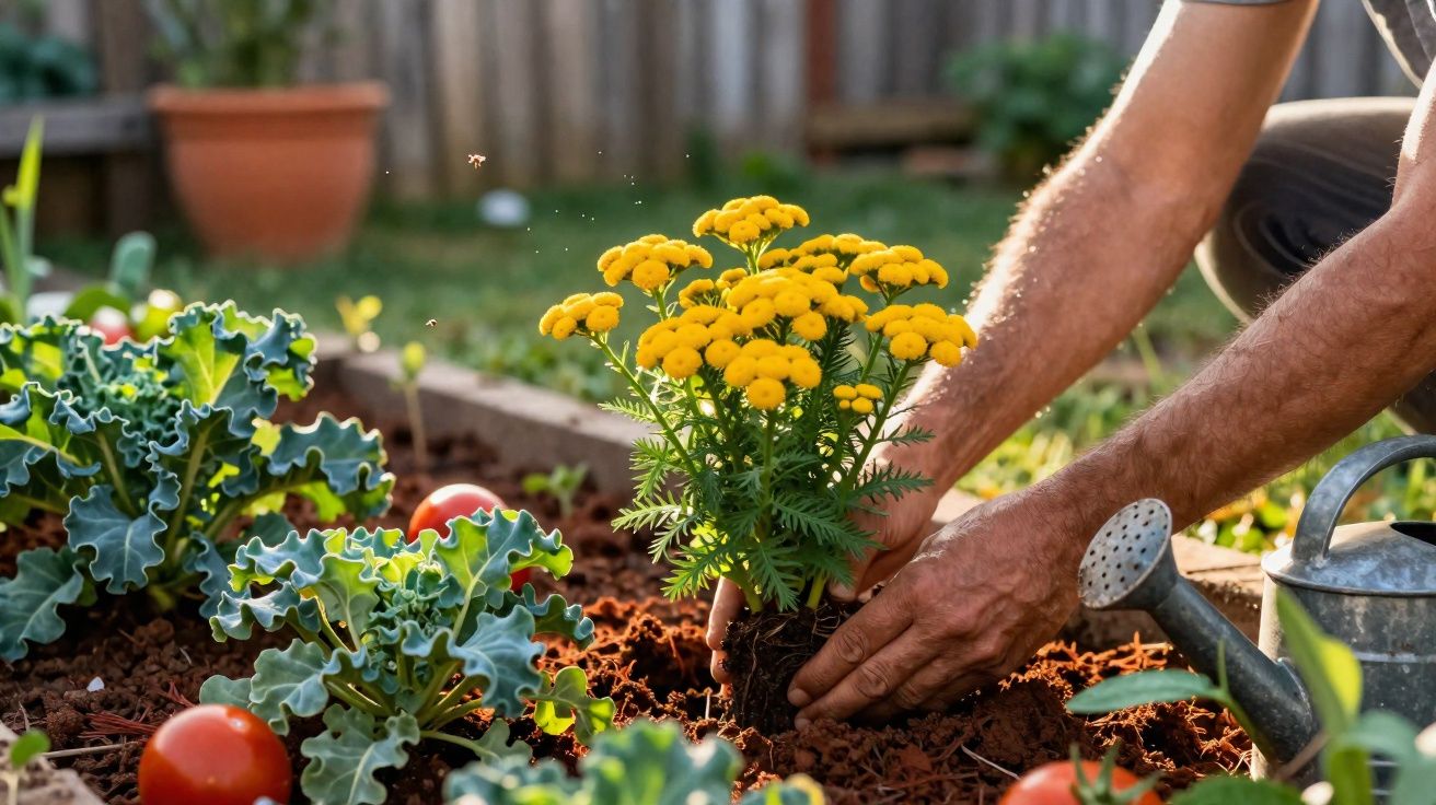 Pessoa a plantar flores amarelas num jardim com alfaces e tomates maduros.