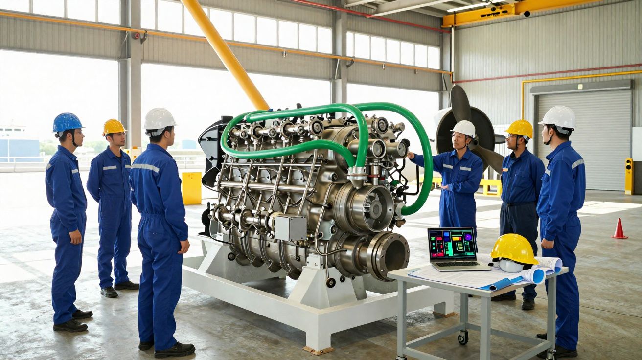 Engenheiros em fato azul e capacetes observam motor industrial num hangar luminoso.