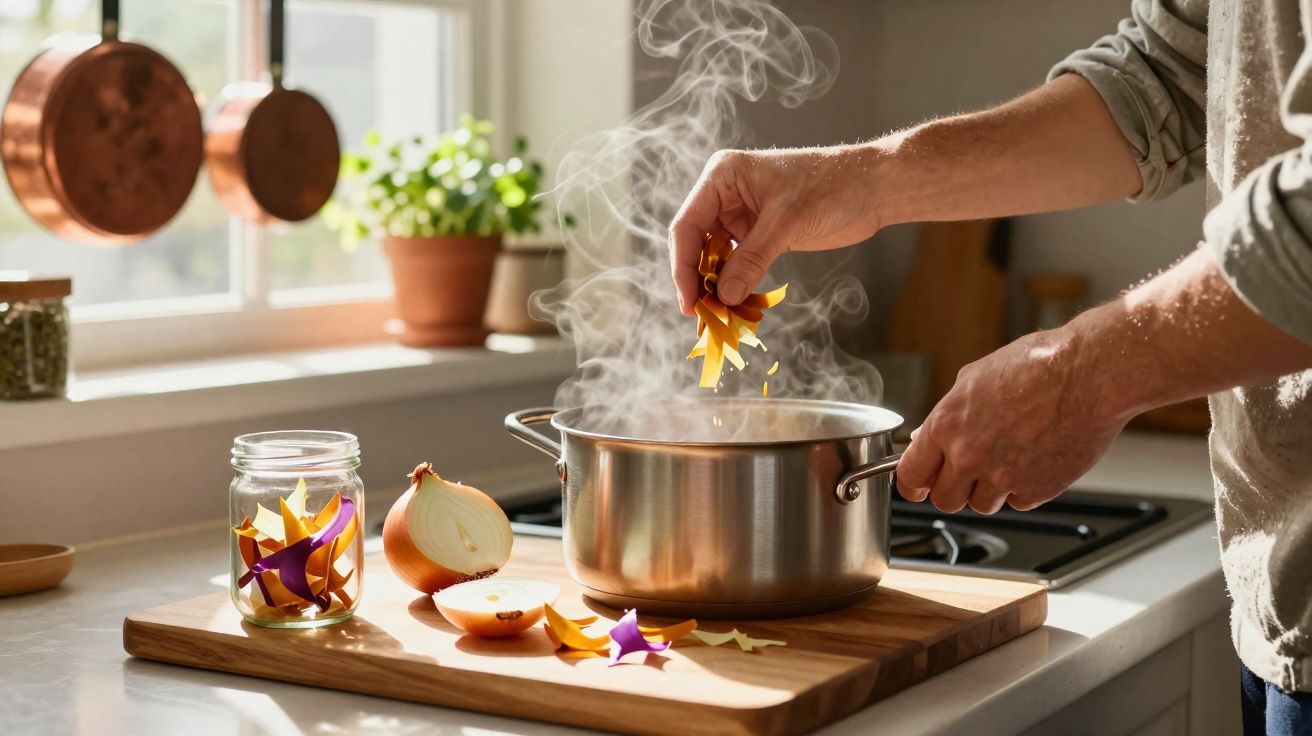 Pessoa a cozinhar numa panela com legumes e flores com vapor a sair na cozinha iluminada.