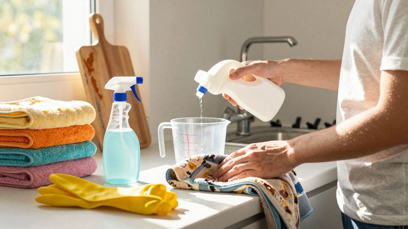 Pessoa a colocar detergente numa medida junto a toalhas coloridas e utensílios de limpeza numa cozinha.