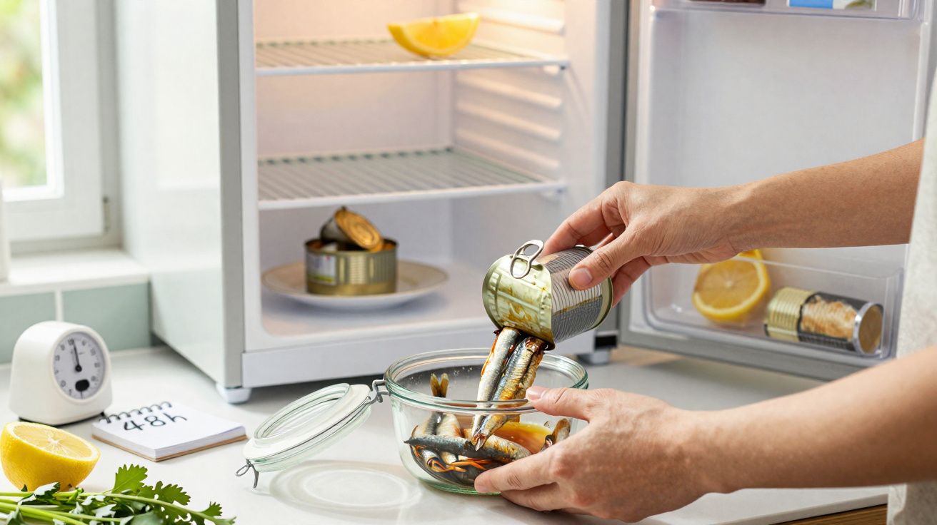 Pessoa a despejar sardinhas de lata numa taça de vidro numa cozinha com frigorífico aberto ao fundo.