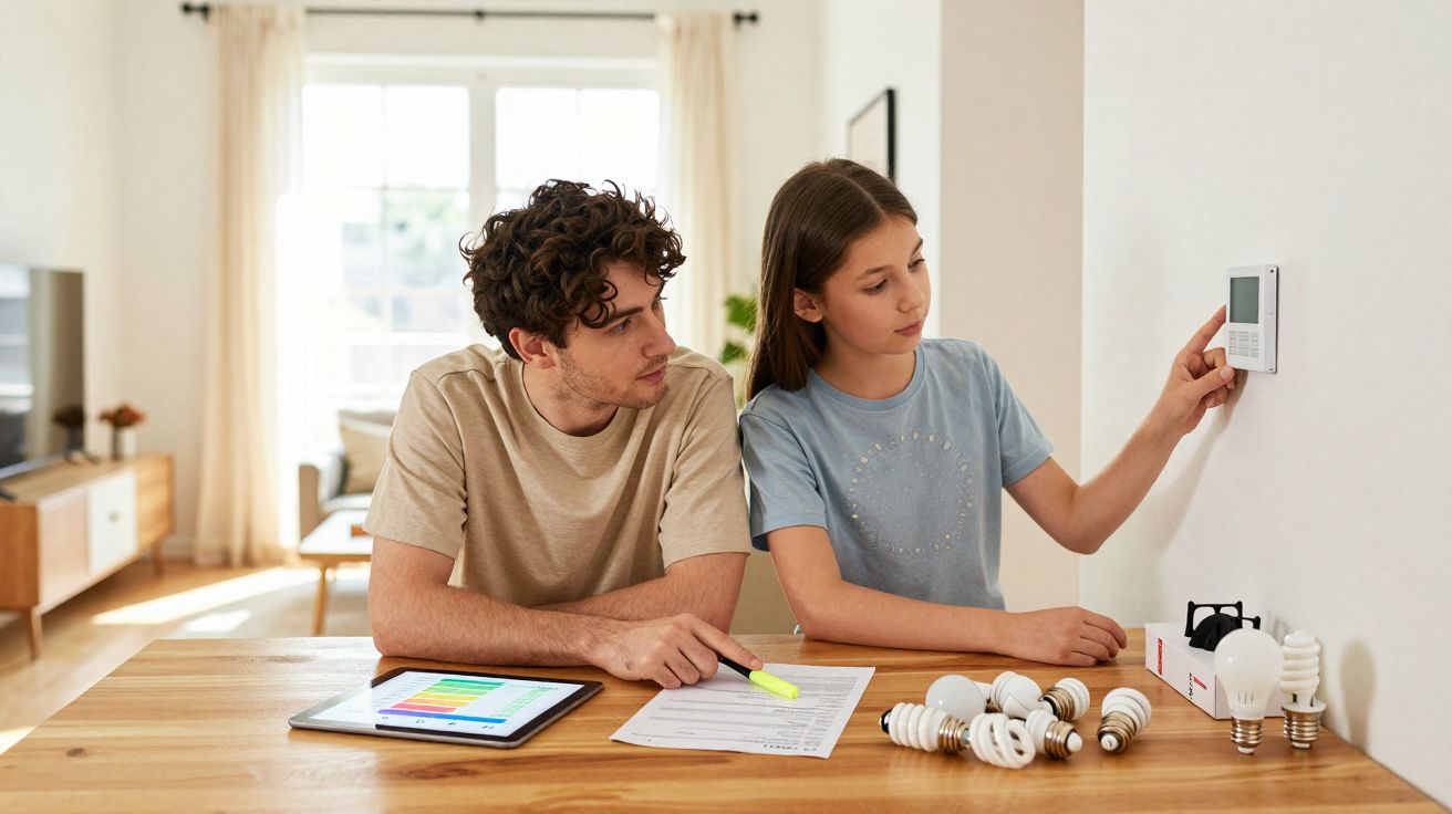 Jovem a ajustar termóstato na parede com homem a analisar gráfico e lâmpadas numa mesa de madeira.