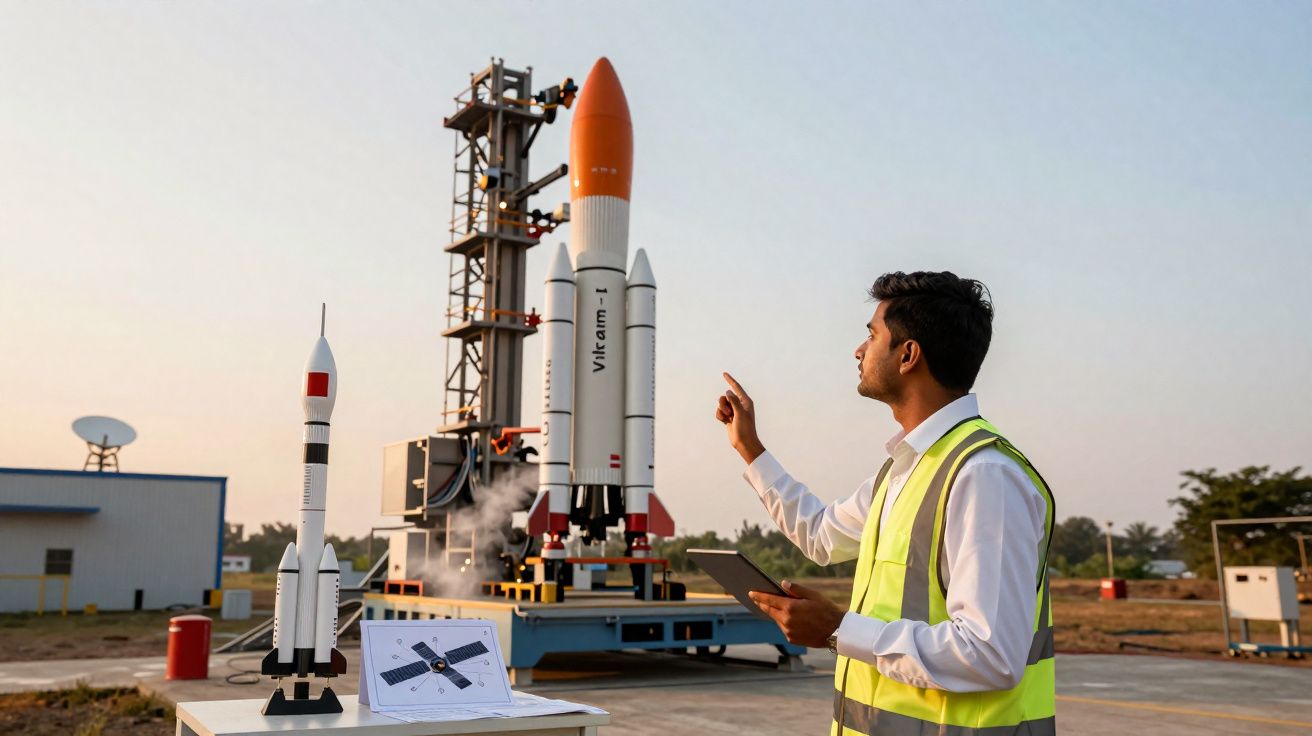 Engenheiro com colete refletor a inspecionar modelo e foguete real pronto para lançamento ao ar livre.