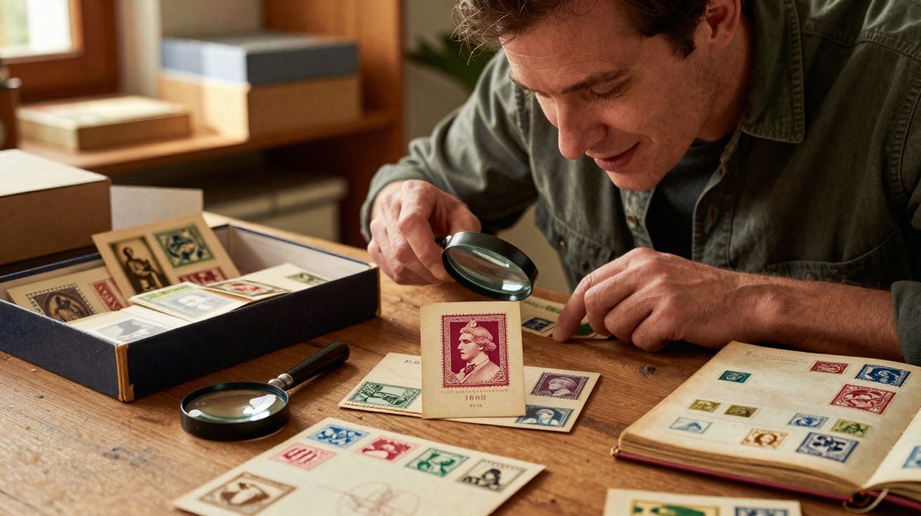 Homem a analisar selos com uma lupa numa mesa com coleção de selos e álbuns.
