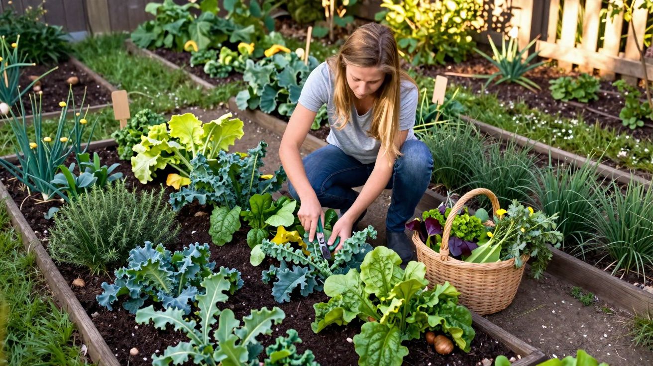 Mulher a recolher hortaliças num canteiro de jardim com cesta de legumes ao lado.