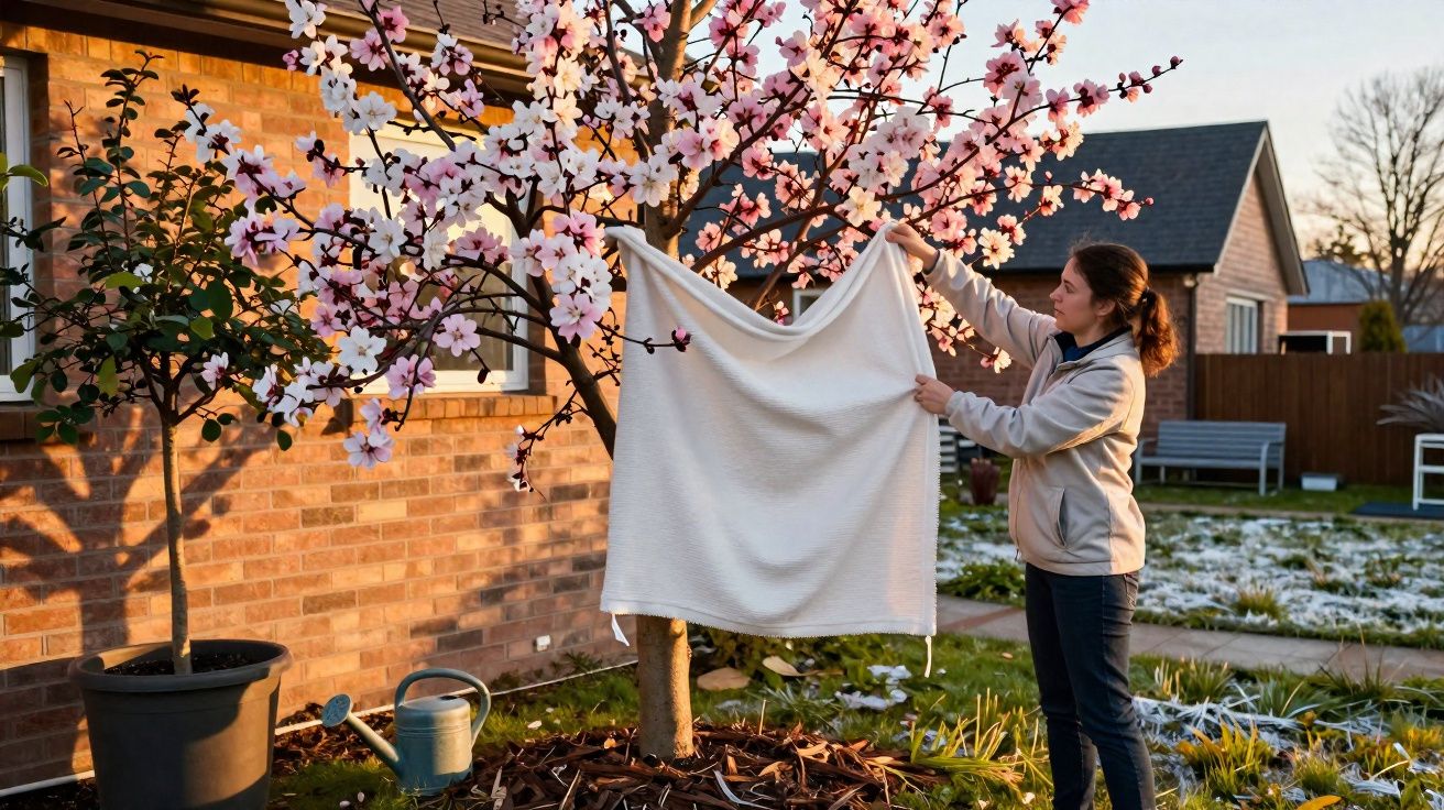 Mulher a proteger árvore de flor de cerejeira com manta branca no jardim de casa ao pôr do sol.