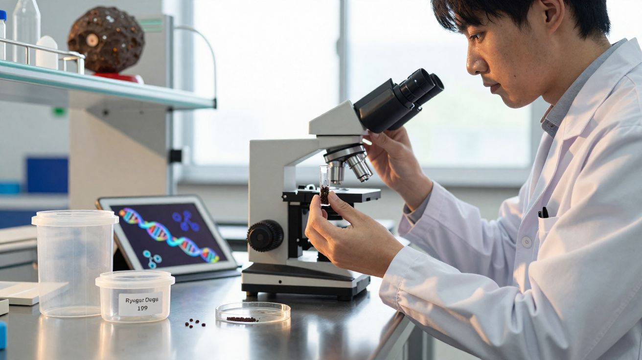 Cientista em laboratório a observar amostra com microscópio, com computador e recipientes próximos.