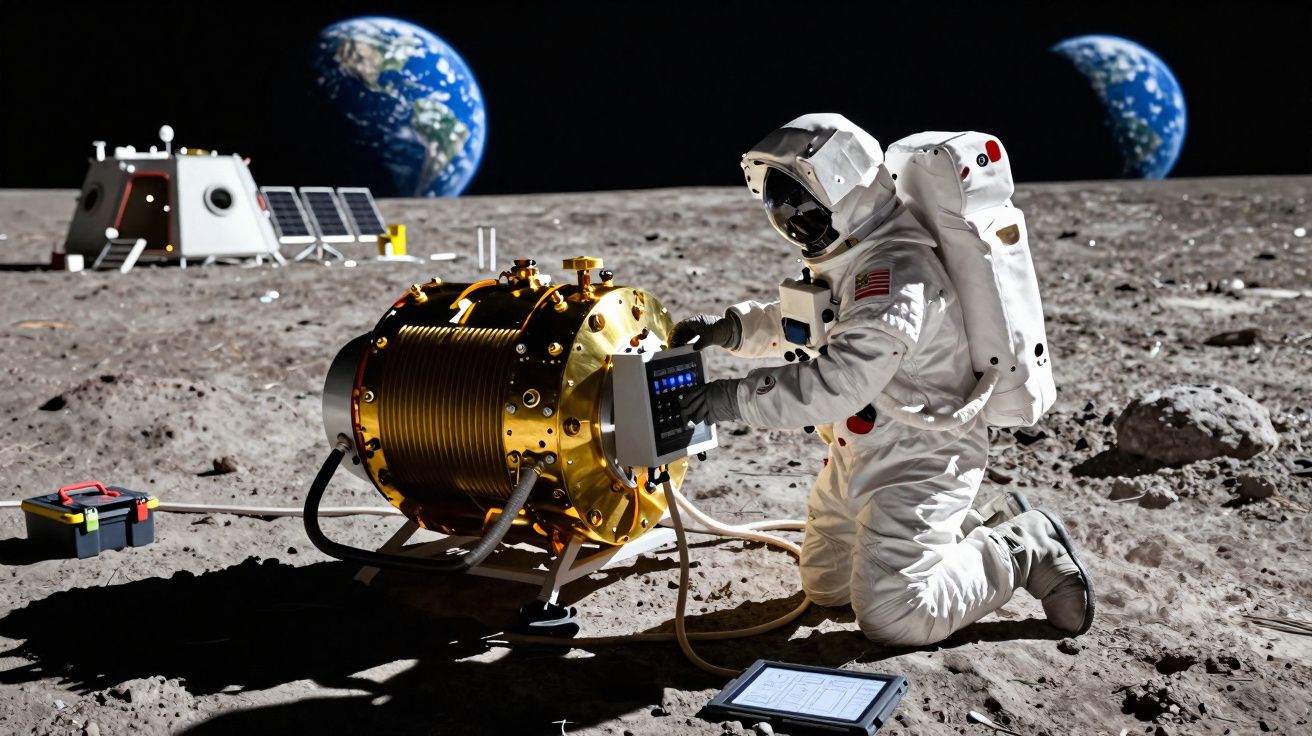 Astronauta em fato espacial ajoelhado na superfície lunar, operando equipamento dourado com a Terra ao fundo.