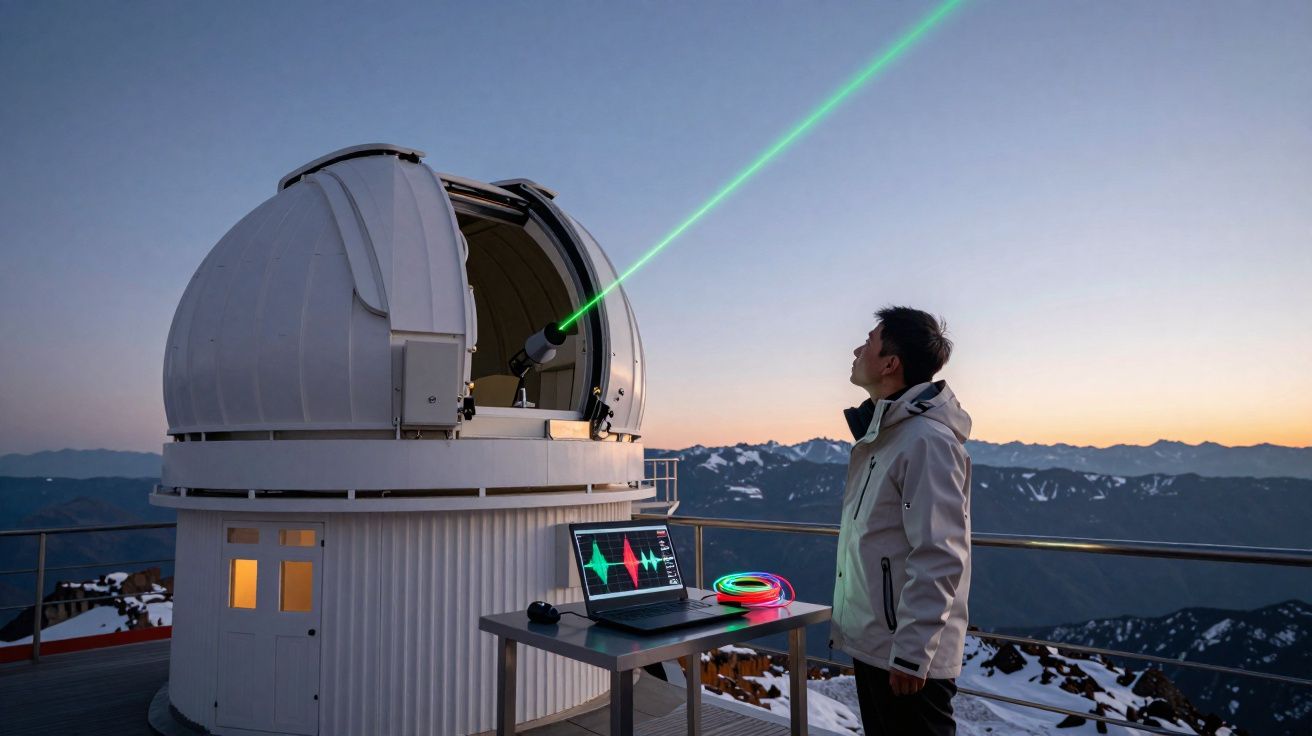 Homem observa telescópio com laser verde num observatório montanhoso ao pôr do sol.