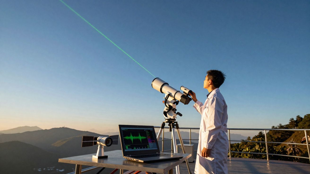 Jovem cientista de bata branca observa telescópio apontado para o céu, com laptop a analisar dados no terraço ao pôr do sol.